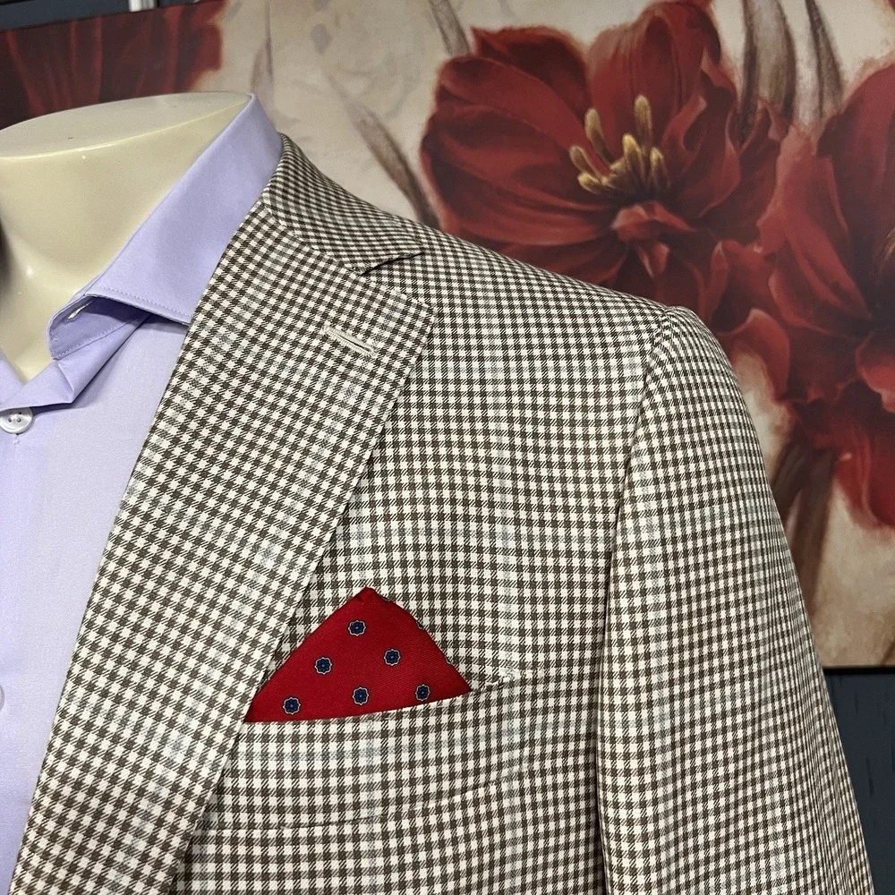 Isaia Napoli Wool Linen Blazer Jacket Sport Coat Mens 44L Long Beige/Brown/Blue
